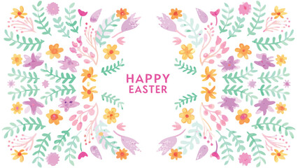 Happy easter greeting card with a symmetrical floral border in pastel watercolor style featuring various flowers and leaves on a white background