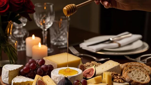 A woman pours honey on a cheese board with fruit and bread. Holiday appetizer for celebration. Romantic dinner at home concept.