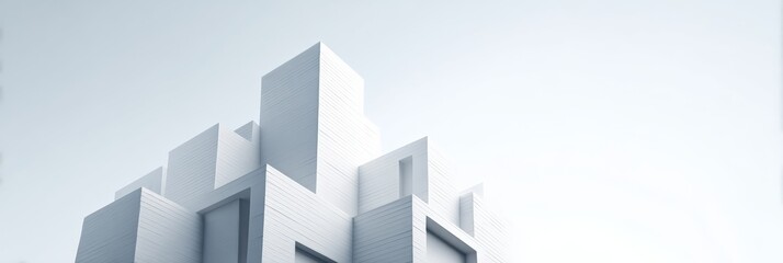 Fototapeta premium White modern minimalist building facade featuring abstract geometric shapes and linear patterns against a bright sky, symbolizing future construction and clean design