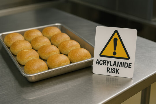 Concerning acrylamide risk warning sign next to bread roll on baking tray. food safety and health concept