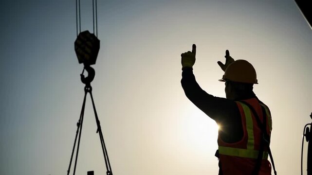 Construction worker giving crane hand signals, guiding rigging movement, and observing operation for safety at work site.