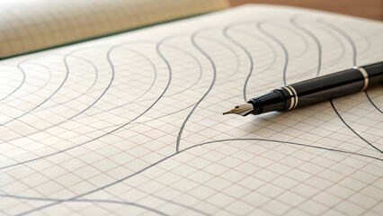 Full hd 4k stock image download Black fountain pen resting on graph paper with abstract wavy lines writing
