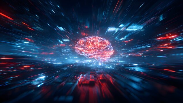 Abstract digital visualization of a glowing brain structure with vibrant red and blue light streaks creating a sense of rapid movement and data flow through a futuristic network - Powered by Adobe