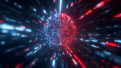 Abstract digital visualization of a glowing brain structure with vibrant red and blue light streaks creating a sense of rapid movement and data flow through a futuristic network