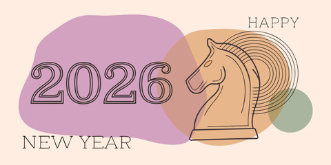 Minimalist happy new year 2026 illustration with chess knight circles and pastel colors for holiday greetings and festive backgrounds in a modern and stylish design