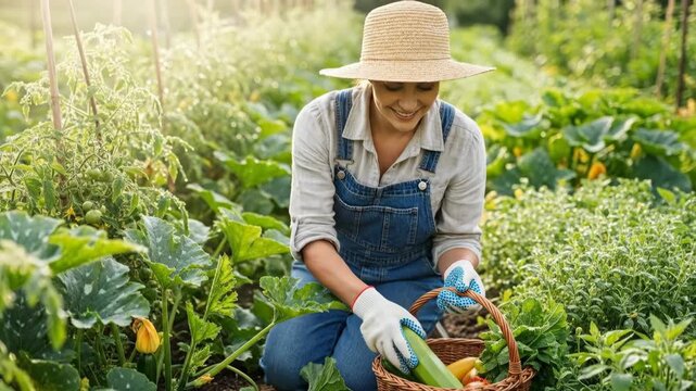 Woman harvesting zucchini and other fresh vegetables from her garden, demonstrating sustainable farming and organic living