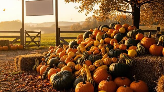 Autumn harvest display of pumpkins and gourds on hay bales with falling leaves for fall seasonal celebration