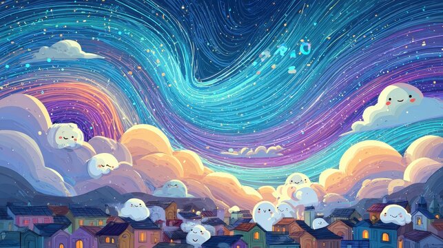 A cartoon night scene with a starr sky and some clouds