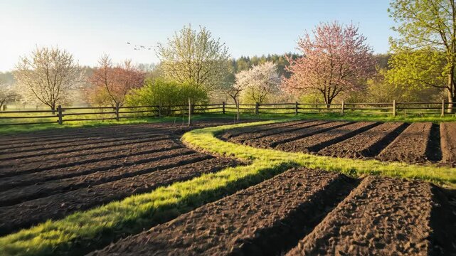 Plowed field and blossoming trees with sunlight. Farmland landscape ready for planting during spring. Cultivation agricultural land.