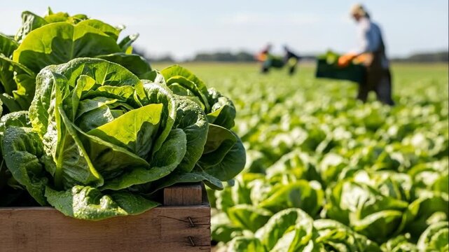Freshly harvested romaine lettuce in a wooden crate with blurred farm worker gathering crop in background field.