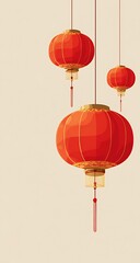Obraz premium Three illuminated red lanterns hanging against a soft neutral background