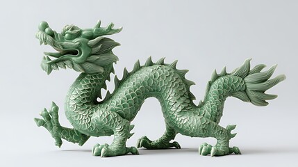 Fototapeta premium A detailed green ceramic dragon sculpture side profile against a neutral background