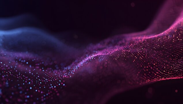 Abstract flowing cosmic dust cloud with vibrant purple and blue glowing particles creating a futuristic and ethereal digital art background - Powered by Adobe