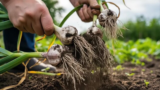 Man harvesting fresh garlic with soil and green leaves in an organic backyard garden. Healthy food cultivation and farming.