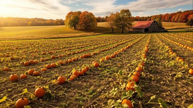 Lush pumpkin field rows under a beautiful sunset sky with a rustic barn in the background for harvest season