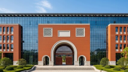 Modern institutional building with red brick and glass facade