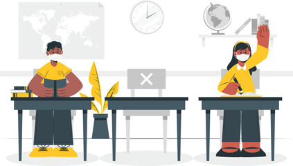 Students Wearing Masks in a Classroom Studying at Desks Keywords: students, classroom, school