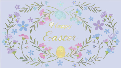 Delicate floral wreath with pastel easter eggs and happy easter text in elegant gold calligraphy perfect for spring celebrations and greeting cards