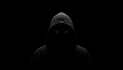 Dark silhouette of a person wearing a black hoodie with only piercing red eyes visible, representing anonymity, cybercrime, hacker activities, and digital threats in a sinister and unknown context