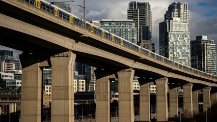 Fototapeta premium Modern urban landscape with elevated train and skyscrapers