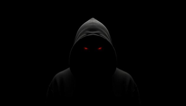 Dark silhouette of a person wearing a black hoodie with only piercing red eyes visible, representing anonymity, cybercrime, hacker activities, and digital threats in a sinister and unknown context