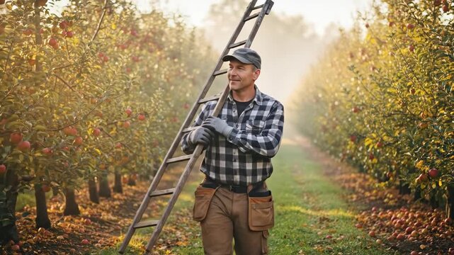 Caucasian man carrying ladder through apple orchard, walking down row of trees for harvest. Fruit picker at farm, gardening concept.