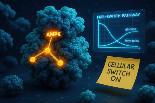 AMPK activation triggering fuel switch pathway on hologram display. conceptual molecular scene about cellular switch and metabolism showing glowing protein structure and note