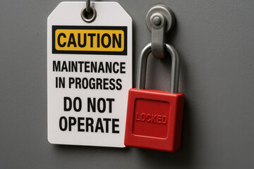 Red safety padlock for an industrial lockout tagout system. tag shows serious caution and warning message about maintenance in progress, critical workplace procedure