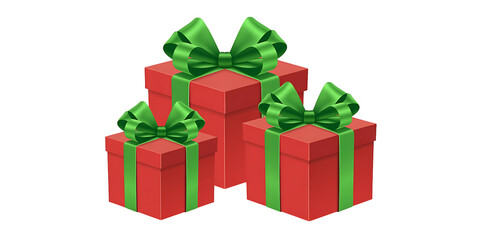 Three red christmas gift boxes with green ribbons isolated on transparent background