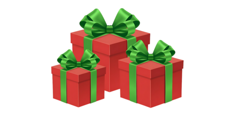 Three red christmas gift boxes with green ribbons isolated on transparent background