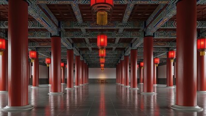 Fototapeta premium Traditional asian architecture featuring red pillars and lanterns in a symmetrical interior