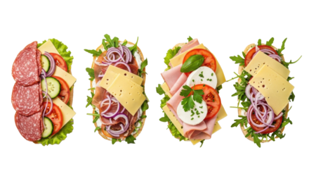 Four gourmet italian ciabatta sandwiches (salami, prosciutto, ham, cheese) with fresh ingredients on a transparent studio background with copy space. Concept for commercial food menu