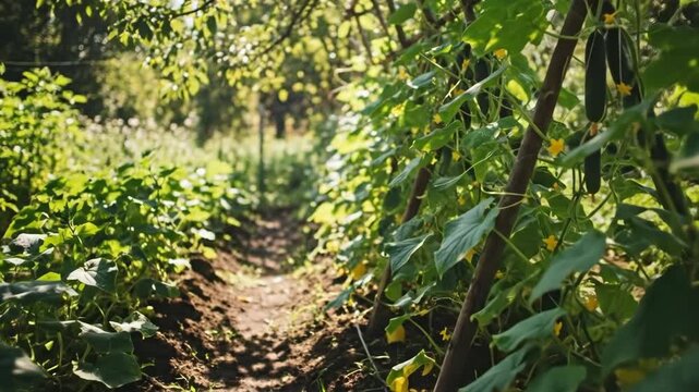 Growing cucumber plants on a trellis with a garden path. Home gardening and agricultural cultivation. Sustainable farming concept.