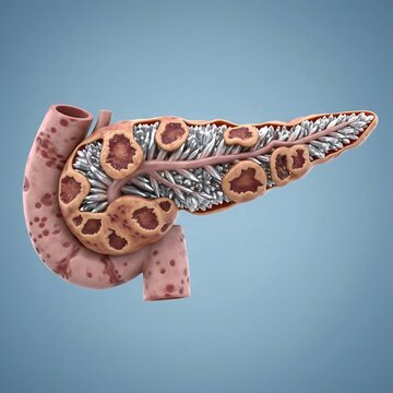 A pancreas organ with crystallized ducts and visible cellular damage radiating outward, symbolizing Chronic Pancreatitis, i