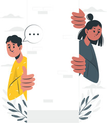 Two people peeking around corners with speech bubble Keywords: people, peeking, around, corners