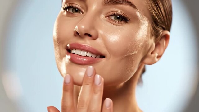 A beautiful young woman applying serum to her face with a gentle touch, captured in stunning 4K video