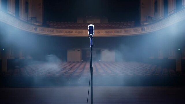 Empty theater stage with a vintage microphone under a spotlight, highlighting an awaiting performance or dramatic monologue scene concept