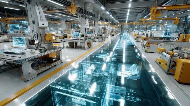 Factory Floor Innovation: A state-of-the-art factory floor buzzes with innovation, showcasing the advanced technology of robotics and automation.