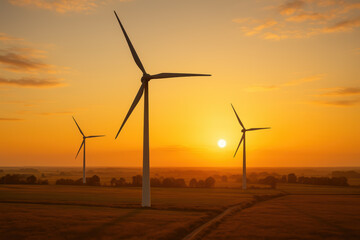 Obraz premium Serene wind turbine landscape at sunset. Sustainable renewable energy and power generation for hopeful future