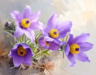 Elegant Purple Pasque Flowers Blooming in a Watercolor Floral Arrangement