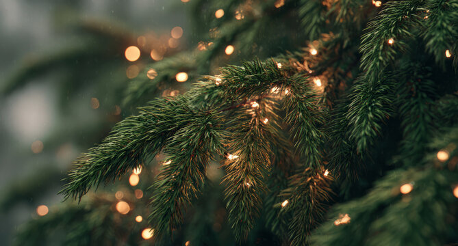 Soft bokeh evergreen branch warm lights holiday pine needles create cozy glow