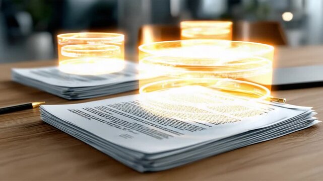 Contractual Agreement: Captivating depiction of crucial documents, illuminated by symbolic glowing energy, signifying the focus of the important contracts, agreements and partnerships. 