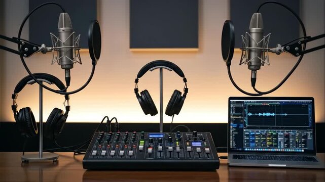 An empty podcast studio with microphone set up, headphones, audio mixer, and laptop displaying sound editing software for broadcasting.