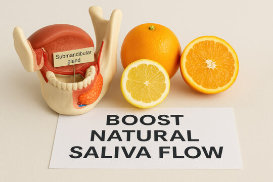 Healthcare education layout with submandibular gland model, citrus fruit, and note to boost natural saliva flow. This medical anatomy display shows treatment concept for xerostomia