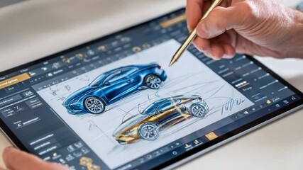 Digital Design of Vehicle Concepts: An artistic hand meticulously crafts vehicle concept designs on a cutting-edge digital tablet, showcasing the fusion of innovation and technology. - Powered by Adobe