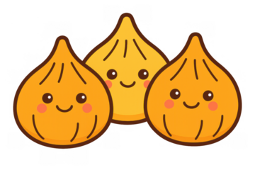 Group of three cute kawaii dim sum or bao dumplings with happy smiling faces and rosy cheeks on transparent background