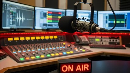 Empty radio studio with microphone, sound mixer, and on air sign for broadcast or podcast recording