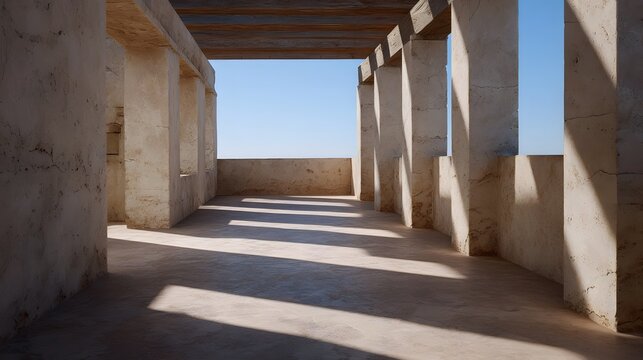 An ancient architectural space with stone columns casting dramatic shadows under a clear blue sky