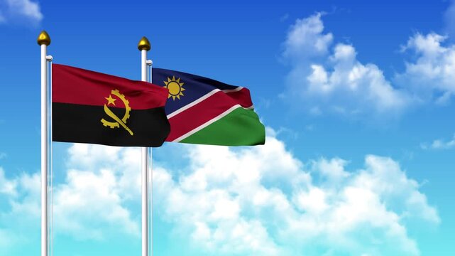 Waving flags of ANGOLA and NAMIBIA on pole included with alpha channel