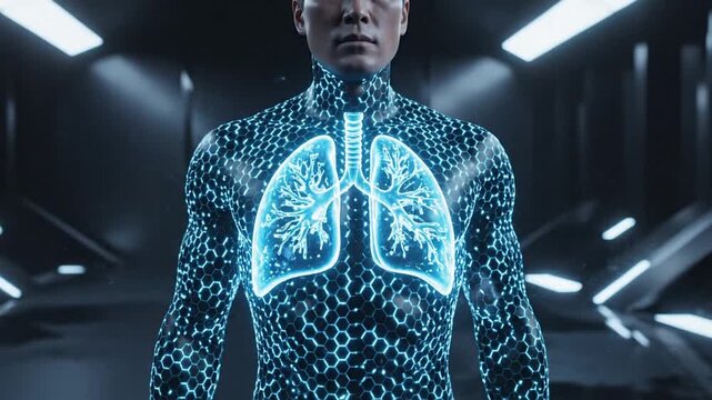 Man with glowing blue lungs illustration. Human body with digital circuit pattern. Futuristic medical concept. High-tech lung design. Blue neon light effect. Isolated on dark background. Medical